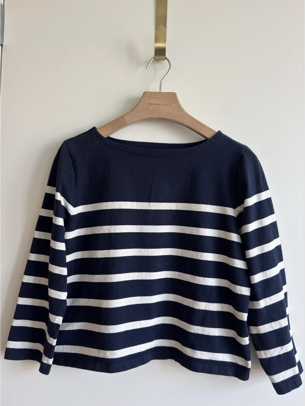 J.Crew Mariner Cloth Boatneck Top Navy White Stripe Long Sleeve Cotton L
